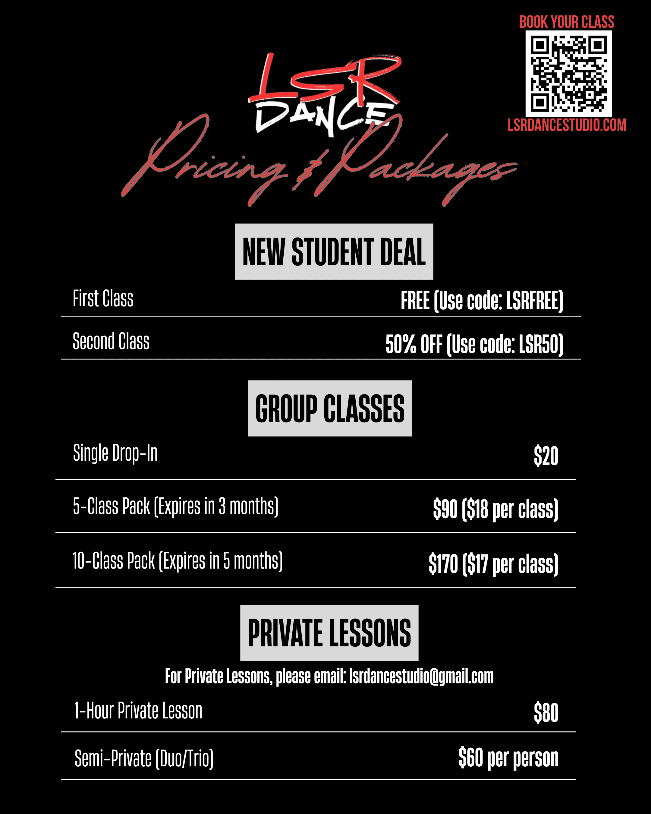LSR Dance class prices and packages