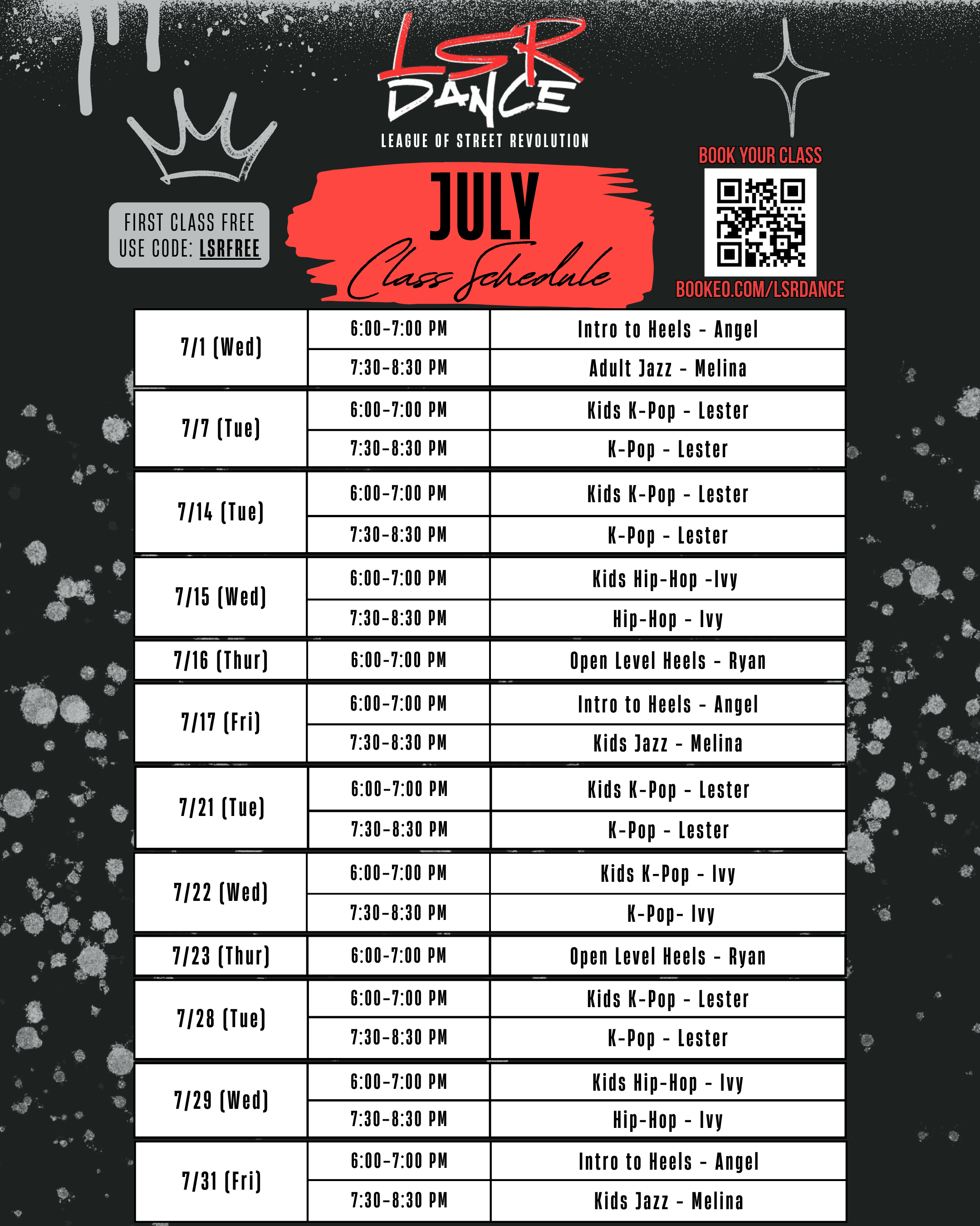 LSR Dance monthly schedule